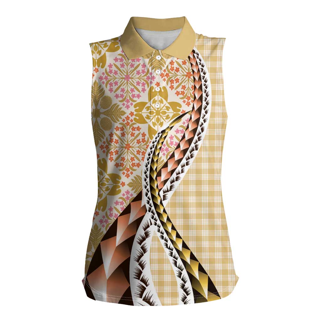 Aloha Vintage Palaka Floral Hawaiian Quilt Women Sleeveless Polo Shirt Melemele Motif LT9 Female Yellow - Polynesian Pride