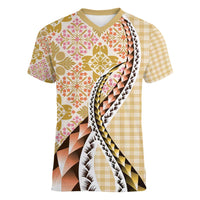 Aloha Vintage Palaka Floral Hawaiian Quilt Women V-Neck T-Shirt Melemele Motif LT9 Female Yellow - Polynesian Pride