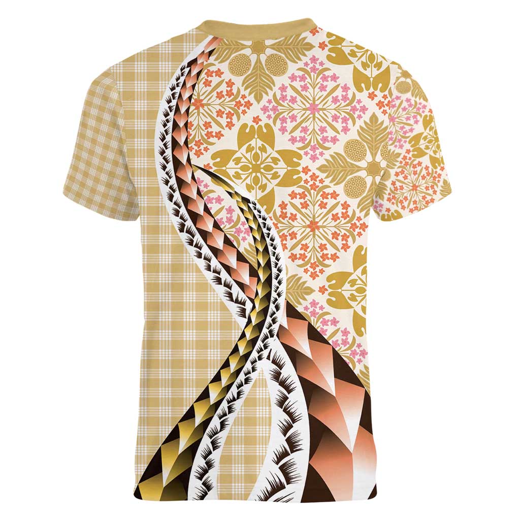 Aloha Vintage Palaka Floral Hawaiian Quilt Women V-Neck T-Shirt Melemele Motif LT9 - Polynesian Pride