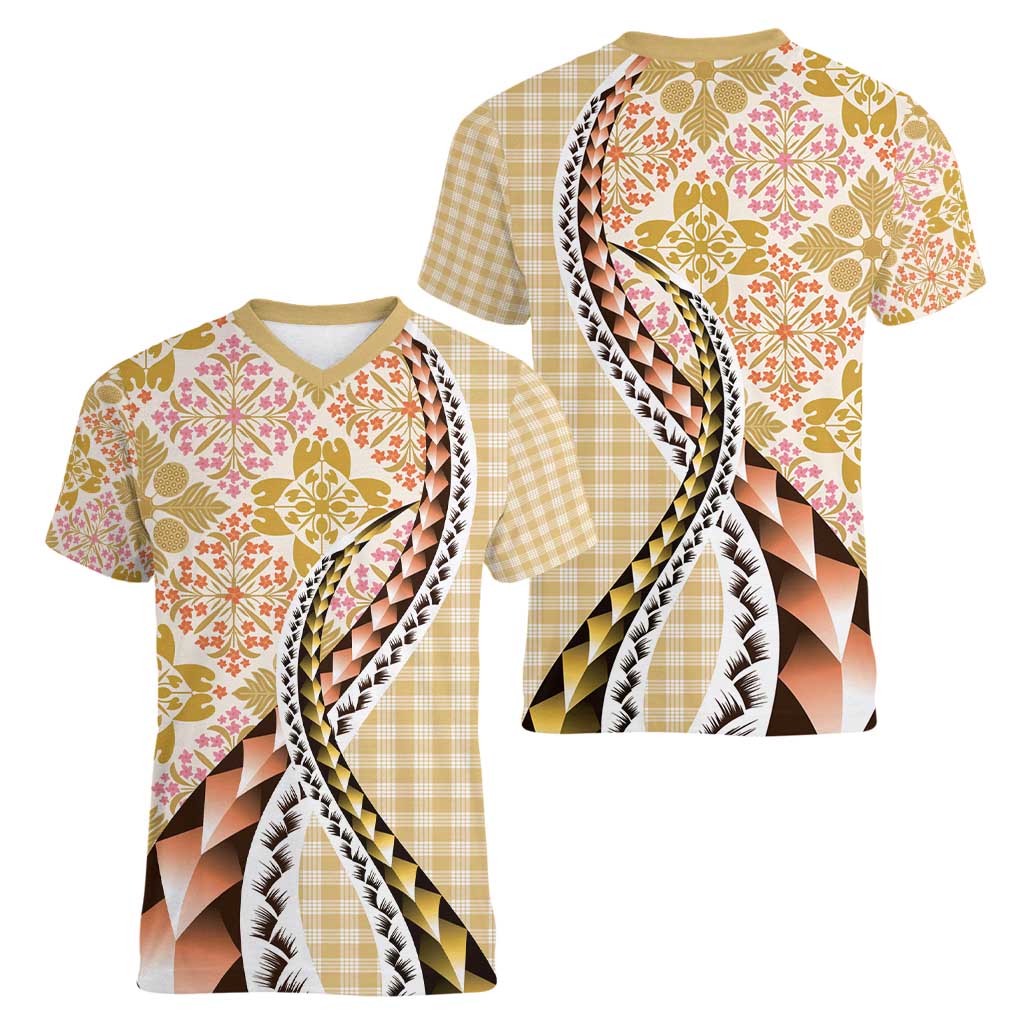 Aloha Vintage Palaka Floral Hawaiian Quilt Women V-Neck T-Shirt Melemele Motif LT9 - Polynesian Pride