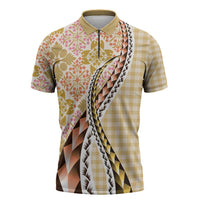 Aloha Vintage Palaka Floral Hawaiian Quilt Zipper Polo Shirt Melemele Motif LT9 Yellow - Polynesian Pride