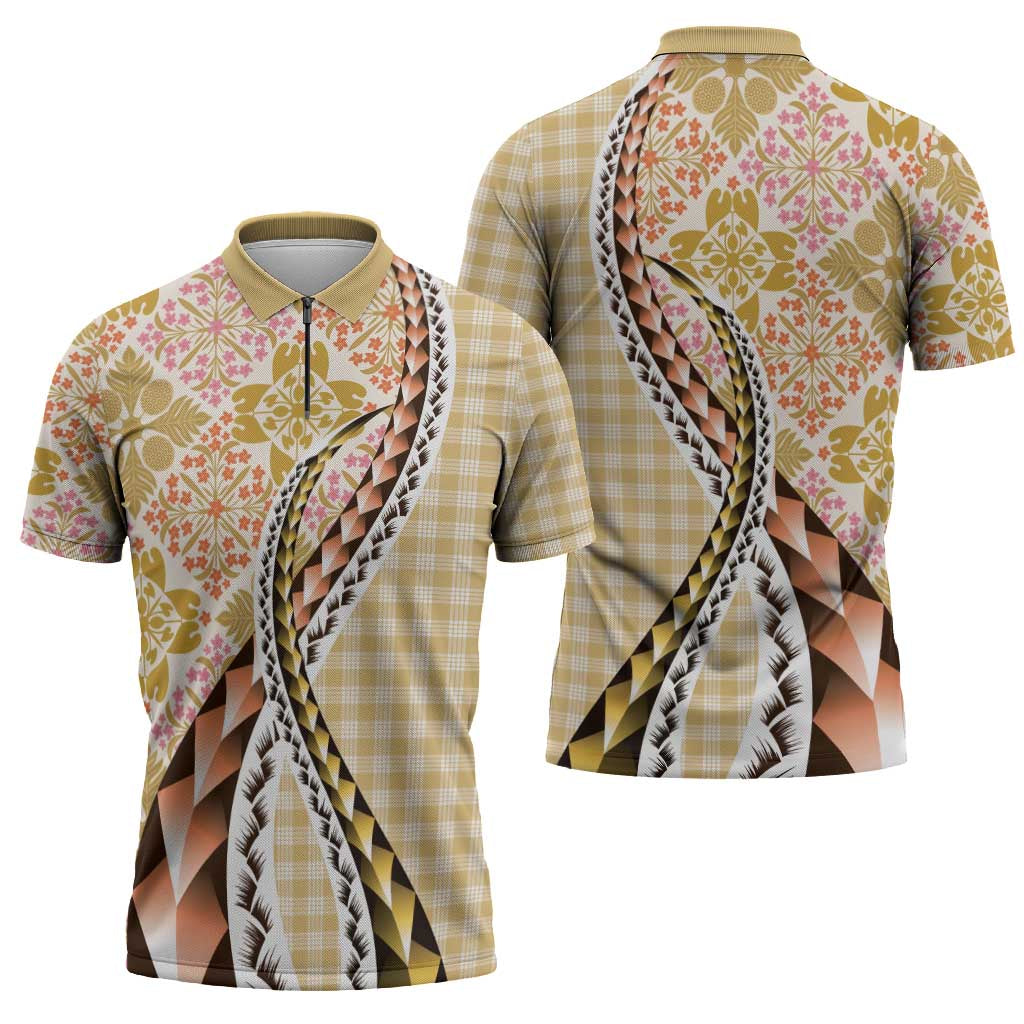 Aloha Vintage Palaka Floral Hawaiian Quilt Zipper Polo Shirt Melemele Motif LT9 - Polynesian Pride
