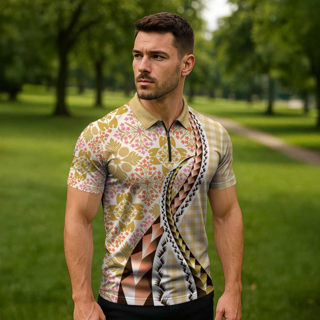 Aloha Vintage Palaka Floral Hawaiian Quilt Zipper Polo Shirt Melemele Motif LT9 - Polynesian Pride
