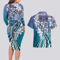 Aloha Vintage Plumeria Hawaiian Tapa Pattern Couples Matching Long Sleeve Bodycon Dress and Hawaiian Shirt Blue Hawaiian Tapa Pattern LT9 - Polynesian Pride