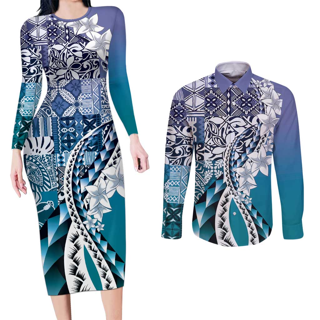 Aloha Vintage Plumeria Hawaiian Tapa Pattern Couples Matching Long Sleeve Bodycon Dress and Long Sleeve Button Shirt Blue Hawaiian Tapa Pattern LT9 Blue - Polynesian Pride