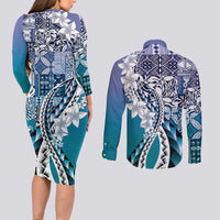 Aloha Vintage Plumeria Hawaiian Tapa Pattern Couples Matching Long Sleeve Bodycon Dress and Long Sleeve Button Shirt Blue Hawaiian Tapa Pattern LT9 - Polynesian Pride