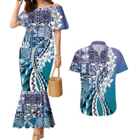 Aloha Vintage Plumeria Hawaiian Tapa Pattern Couples Matching Mermaid Dress and Hawaiian Shirt Blue Hawaiian Tapa Pattern LT9 Blue - Polynesian Pride