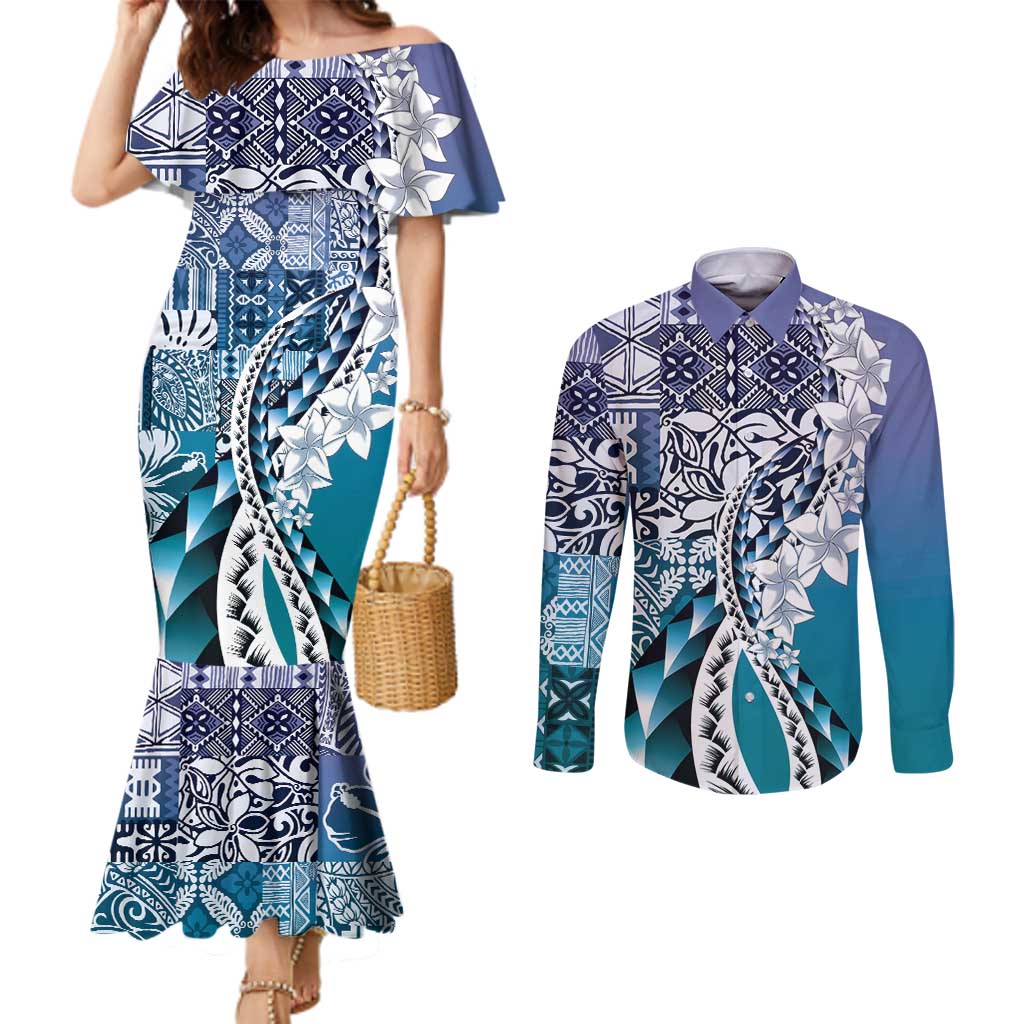 Aloha Vintage Plumeria Hawaiian Tapa Pattern Couples Matching Mermaid Dress and Long Sleeve Button Shirt Blue Hawaiian Tapa Pattern LT9 Blue - Polynesian Pride