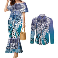 Aloha Vintage Plumeria Hawaiian Tapa Pattern Couples Matching Mermaid Dress and Long Sleeve Button Shirt Blue Hawaiian Tapa Pattern LT9 Blue - Polynesian Pride