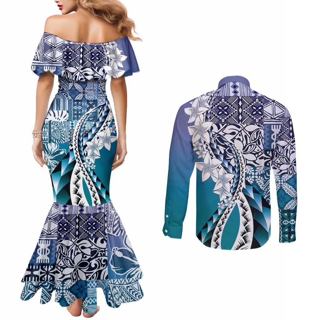 Aloha Vintage Plumeria Hawaiian Tapa Pattern Couples Matching Mermaid Dress and Long Sleeve Button Shirt Blue Hawaiian Tapa Pattern LT9 - Polynesian Pride
