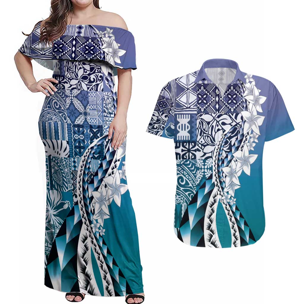 Aloha Vintage Plumeria Hawaiian Tapa Pattern Couples Matching Off Shoulder Maxi Dress and Hawaiian Shirt Blue Hawaiian Tapa Pattern LT9 Blue - Polynesian Pride