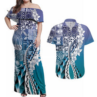 Aloha Vintage Plumeria Hawaiian Tapa Pattern Couples Matching Off Shoulder Maxi Dress and Hawaiian Shirt Blue Hawaiian Tapa Pattern LT9 Blue - Polynesian Pride