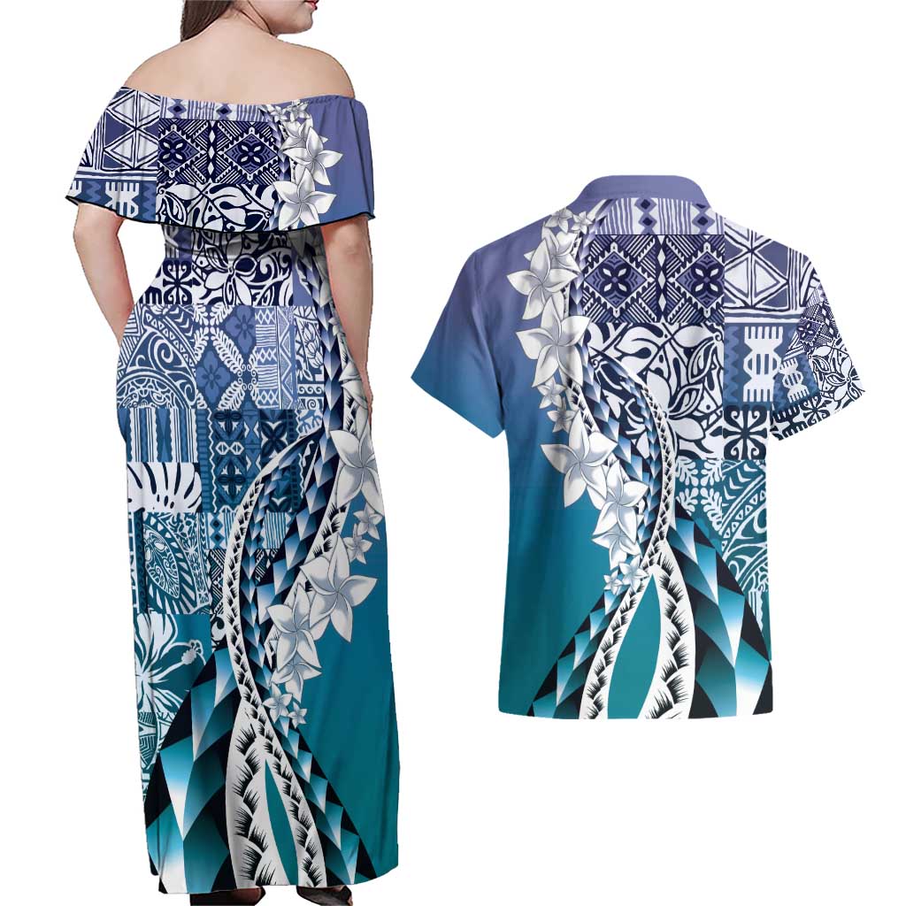 Aloha Vintage Plumeria Hawaiian Tapa Pattern Couples Matching Off Shoulder Maxi Dress and Hawaiian Shirt Blue Hawaiian Tapa Pattern LT9 - Polynesian Pride