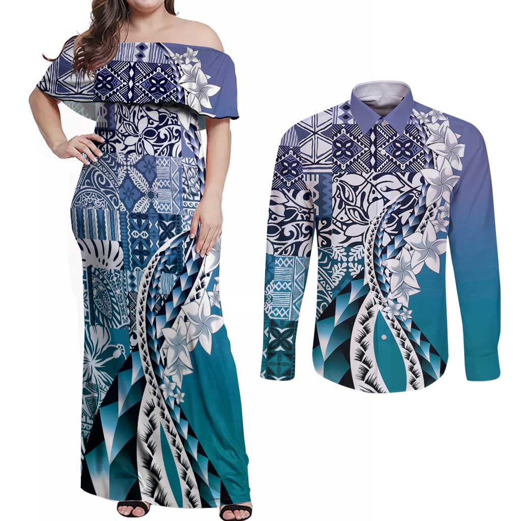 Aloha Vintage Plumeria Hawaiian Tapa Pattern Couples Matching Off Shoulder Maxi Dress and Long Sleeve Button Shirt Blue Hawaiian Tapa Pattern LT9 Blue - Polynesian Pride