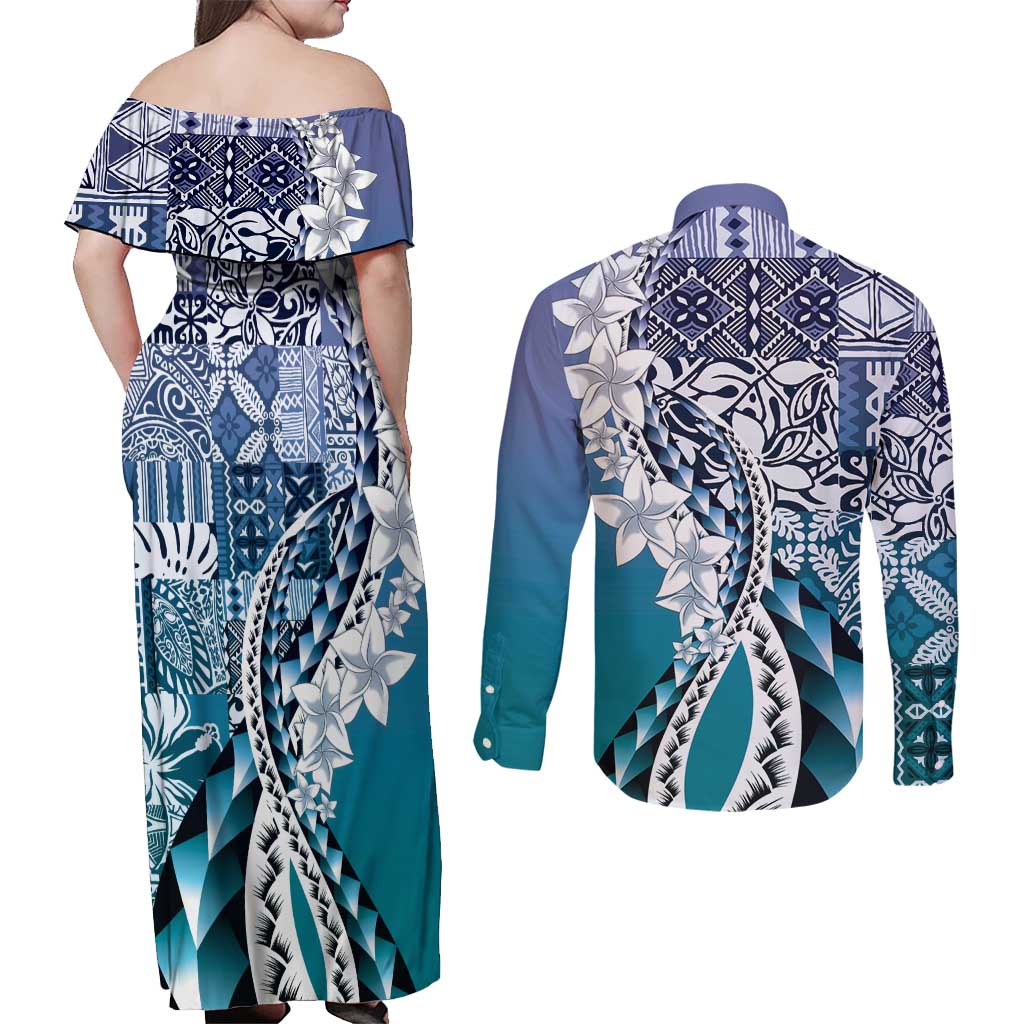 Aloha Vintage Plumeria Hawaiian Tapa Pattern Couples Matching Off Shoulder Maxi Dress and Long Sleeve Button Shirt Blue Hawaiian Tapa Pattern LT9 - Polynesian Pride
