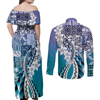 Aloha Vintage Plumeria Hawaiian Tapa Pattern Couples Matching Off Shoulder Maxi Dress and Long Sleeve Button Shirt Blue Hawaiian Tapa Pattern LT9 - Polynesian Pride