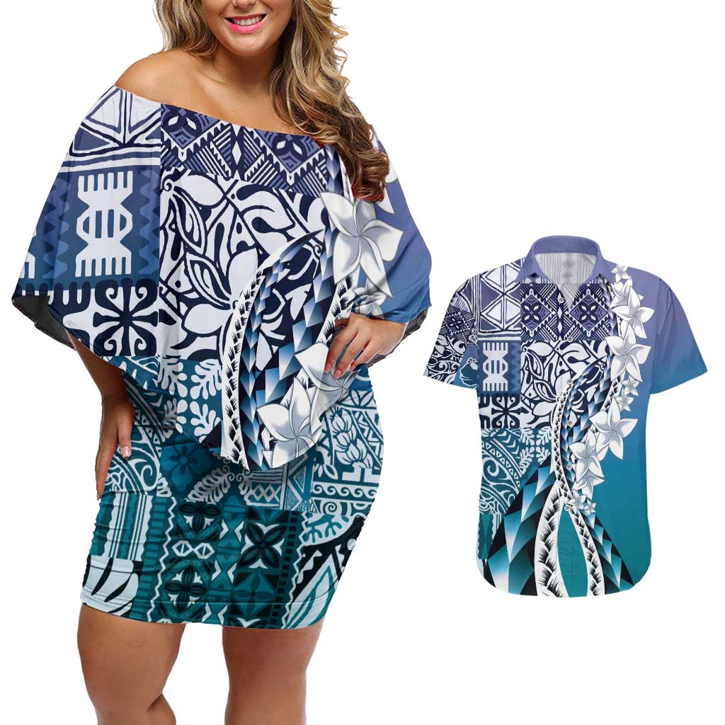 Aloha Vintage Plumeria Hawaiian Tapa Pattern Couples Matching Off Shoulder Short Dress and Hawaiian Shirt Blue Hawaiian Tapa Pattern LT9 Blue - Polynesian Pride