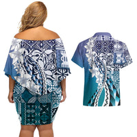Aloha Vintage Plumeria Hawaiian Tapa Pattern Couples Matching Off Shoulder Short Dress and Hawaiian Shirt Blue Hawaiian Tapa Pattern LT9 - Polynesian Pride