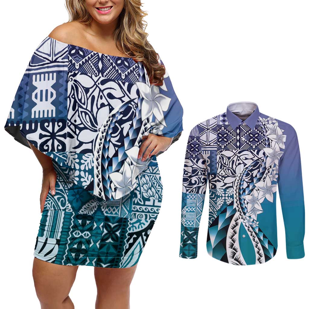 Aloha Vintage Plumeria Hawaiian Tapa Pattern Couples Matching Off Shoulder Short Dress and Long Sleeve Button Shirt Blue Hawaiian Tapa Pattern LT9 Blue - Polynesian Pride