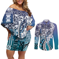 Aloha Vintage Plumeria Hawaiian Tapa Pattern Couples Matching Off Shoulder Short Dress and Long Sleeve Button Shirt Blue Hawaiian Tapa Pattern LT9 Blue - Polynesian Pride