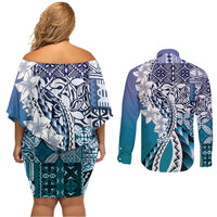 Aloha Vintage Plumeria Hawaiian Tapa Pattern Couples Matching Off Shoulder Short Dress and Long Sleeve Button Shirt Blue Hawaiian Tapa Pattern LT9 - Polynesian Pride