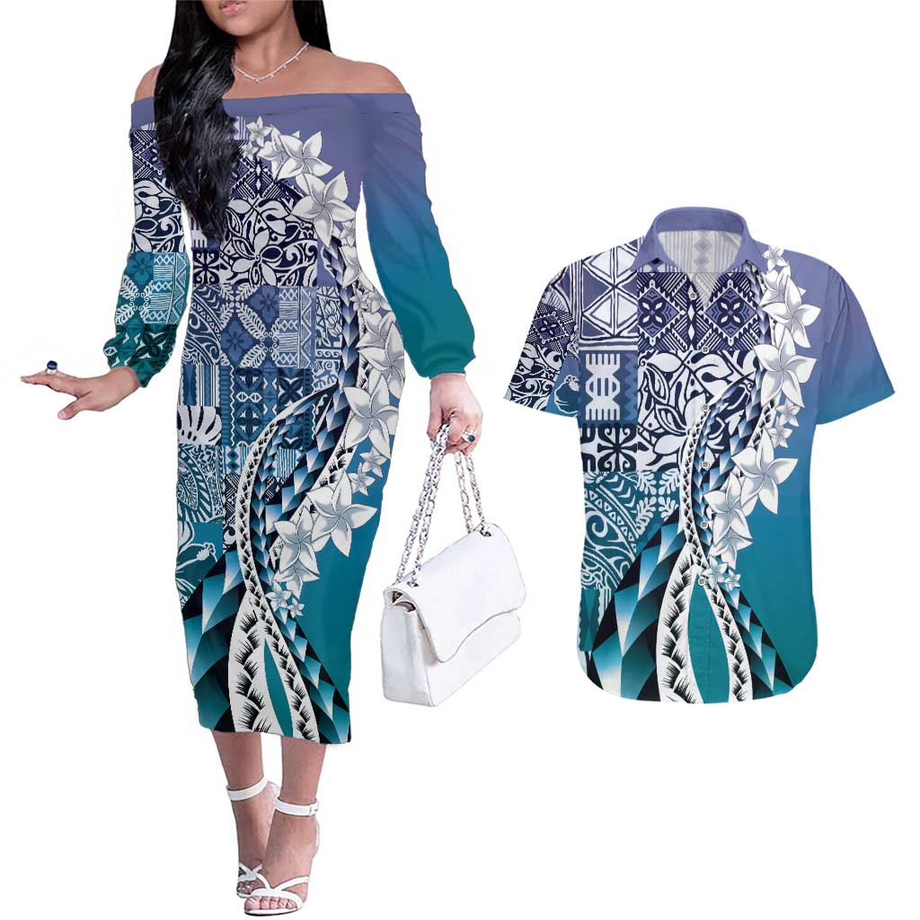 Aloha Vintage Plumeria Hawaiian Tapa Pattern Couples Matching Off The Shoulder Long Sleeve Dress and Hawaiian Shirt Blue Hawaiian Tapa Pattern LT9 Blue - Polynesian Pride