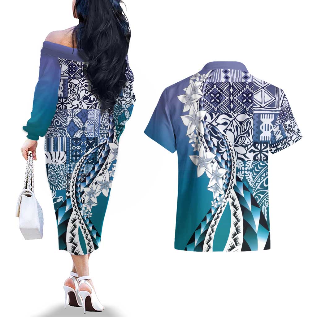 Aloha Vintage Plumeria Hawaiian Tapa Pattern Couples Matching Off The Shoulder Long Sleeve Dress and Hawaiian Shirt Blue Hawaiian Tapa Pattern LT9 - Polynesian Pride