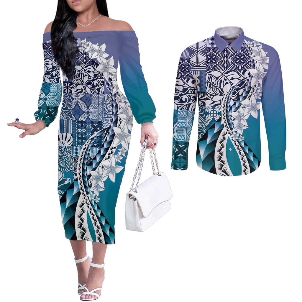 Aloha Vintage Plumeria Hawaiian Tapa Pattern Couples Matching Off The Shoulder Long Sleeve Dress and Long Sleeve Button Shirt Blue Hawaiian Tapa Pattern LT9 Blue - Polynesian Pride
