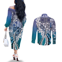 Aloha Vintage Plumeria Hawaiian Tapa Pattern Couples Matching Off The Shoulder Long Sleeve Dress and Long Sleeve Button Shirt Blue Hawaiian Tapa Pattern LT9 - Polynesian Pride