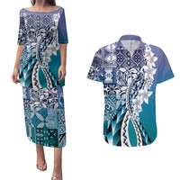 Aloha Vintage Plumeria Hawaiian Tapa Pattern Couples Matching Puletasi and Hawaiian Shirt Blue Hawaiian Tapa Pattern LT9 Blue - Polynesian Pride