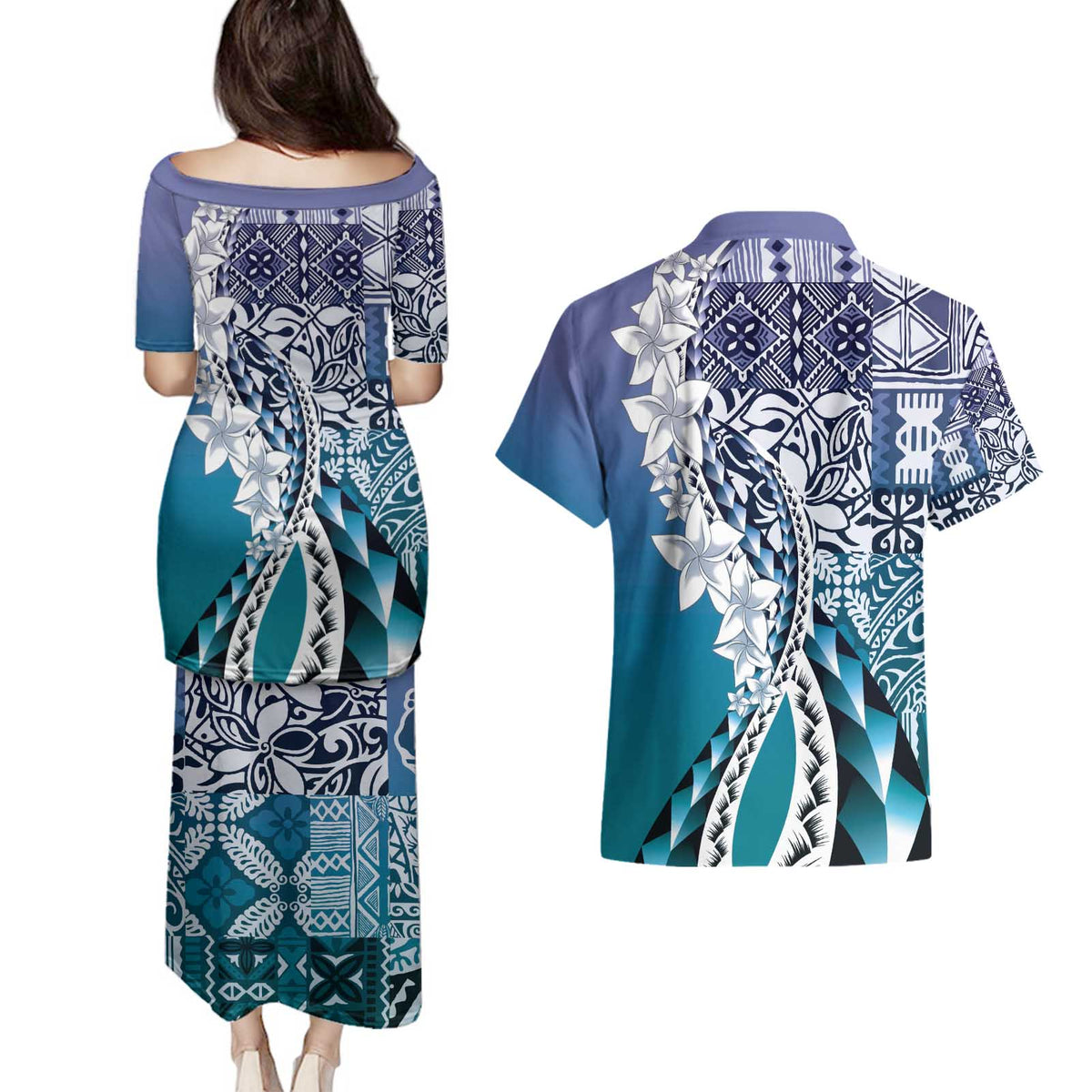 Aloha Vintage Plumeria Hawaiian Tapa Pattern Couples Matching Puletasi and Hawaiian Shirt Blue Hawaiian Tapa Pattern LT9 - Polynesian Pride