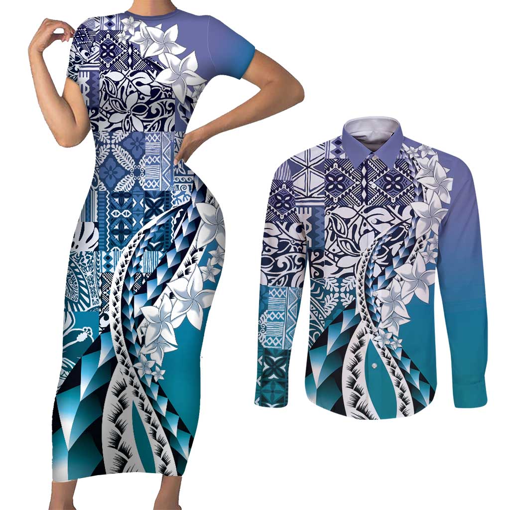 Aloha Vintage Plumeria Hawaiian Tapa Pattern Couples Matching Short Sleeve Bodycon Dress and Long Sleeve Button Shirt Blue Hawaiian Tapa Pattern LT9 Blue - Polynesian Pride