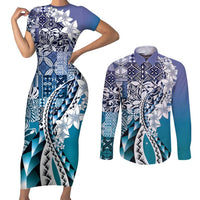 Aloha Vintage Plumeria Hawaiian Tapa Pattern Couples Matching Short Sleeve Bodycon Dress and Long Sleeve Button Shirt Blue Hawaiian Tapa Pattern LT9 Blue - Polynesian Pride