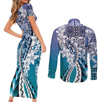 Aloha Vintage Plumeria Hawaiian Tapa Pattern Couples Matching Short Sleeve Bodycon Dress and Long Sleeve Button Shirt Blue Hawaiian Tapa Pattern LT9 - Polynesian Pride