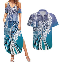 Aloha Vintage Plumeria Hawaiian Tapa Pattern Couples Matching Summer Maxi Dress and Hawaiian Shirt Blue Hawaiian Tapa Pattern LT9 Blue - Polynesian Pride