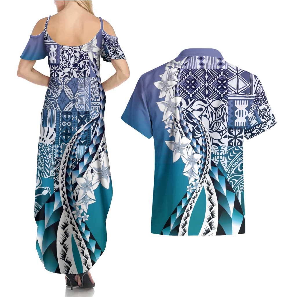 Aloha Vintage Plumeria Hawaiian Tapa Pattern Couples Matching Summer Maxi Dress and Hawaiian Shirt Blue Hawaiian Tapa Pattern LT9 - Polynesian Pride
