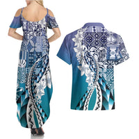 Aloha Vintage Plumeria Hawaiian Tapa Pattern Couples Matching Summer Maxi Dress and Hawaiian Shirt Blue Hawaiian Tapa Pattern LT9 - Polynesian Pride