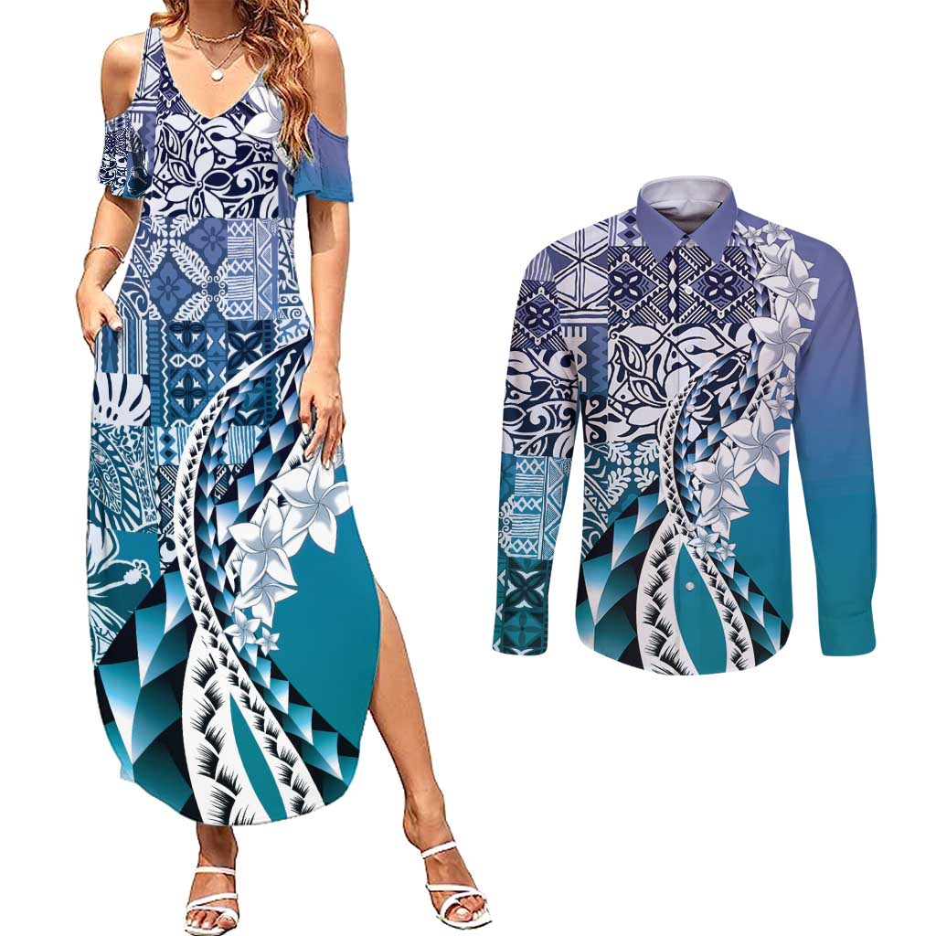Aloha Vintage Plumeria Hawaiian Tapa Pattern Couples Matching Summer Maxi Dress and Long Sleeve Button Shirt Blue Hawaiian Tapa Pattern LT9 Blue - Polynesian Pride
