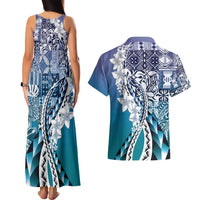 Aloha Vintage Plumeria Hawaiian Tapa Pattern Couples Matching Tank Maxi Dress and Hawaiian Shirt Blue Hawaiian Tapa Pattern LT9 - Polynesian Pride