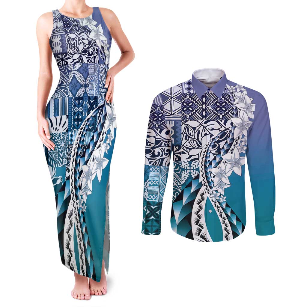 Aloha Vintage Plumeria Hawaiian Tapa Pattern Couples Matching Tank Maxi Dress and Long Sleeve Button Shirt Blue Hawaiian Tapa Pattern LT9 Blue - Polynesian Pride