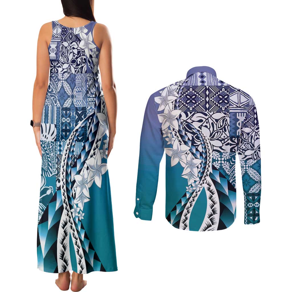 Aloha Vintage Plumeria Hawaiian Tapa Pattern Couples Matching Tank Maxi Dress and Long Sleeve Button Shirt Blue Hawaiian Tapa Pattern LT9 - Polynesian Pride