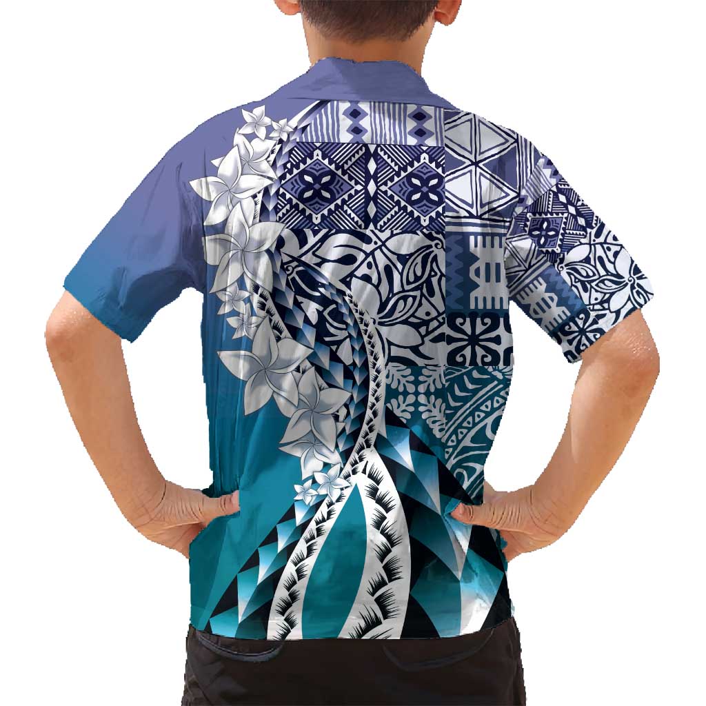 Aloha Vintage Plumeria Hawaiian Tapa Pattern Family Matching Long Sleeve Bodycon Dress and Hawaiian Shirt Blue Hawaiian Tapa Pattern LT9 - Polynesian Pride