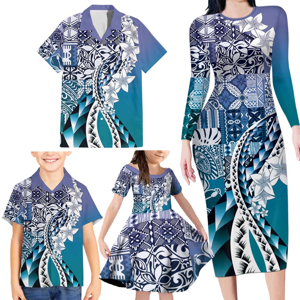 Aloha Vintage Plumeria Hawaiian Tapa Pattern Family Matching Long Sleeve Bodycon Dress and Hawaiian Shirt Blue Hawaiian Tapa Pattern LT9 - Polynesian Pride