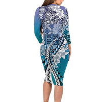 Aloha Vintage Plumeria Hawaiian Tapa Pattern Family Matching Long Sleeve Bodycon Dress and Hawaiian Shirt Blue Hawaiian Tapa Pattern LT9 - Polynesian Pride