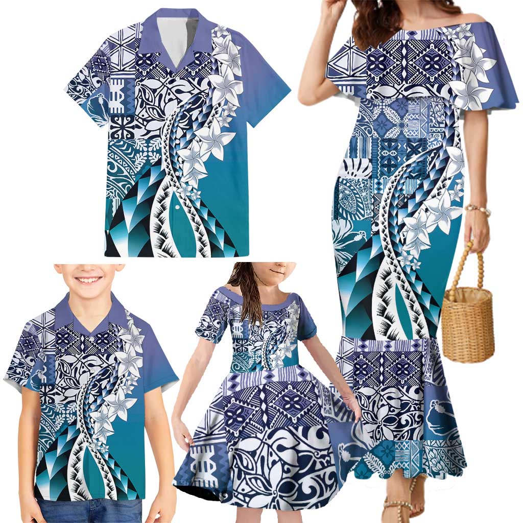 Aloha Vintage Plumeria Hawaiian Tapa Pattern Family Matching Mermaid Dress and Hawaiian Shirt Blue Hawaiian Tapa Pattern LT9 - Polynesian Pride