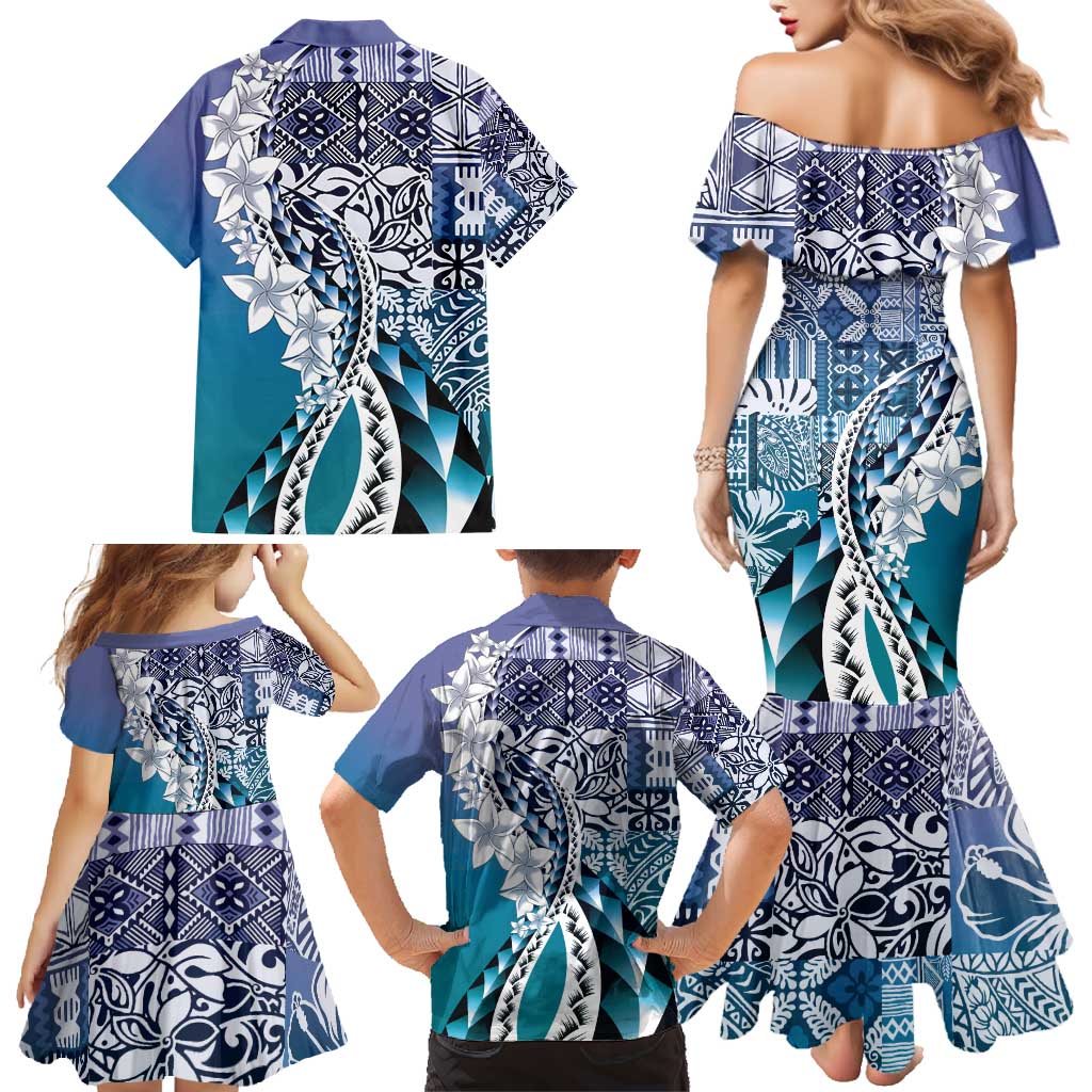 Aloha Vintage Plumeria Hawaiian Tapa Pattern Family Matching Mermaid Dress and Hawaiian Shirt Blue Hawaiian Tapa Pattern LT9 - Polynesian Pride
