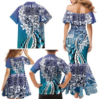 Aloha Vintage Plumeria Hawaiian Tapa Pattern Family Matching Mermaid Dress and Hawaiian Shirt Blue Hawaiian Tapa Pattern LT9 - Polynesian Pride