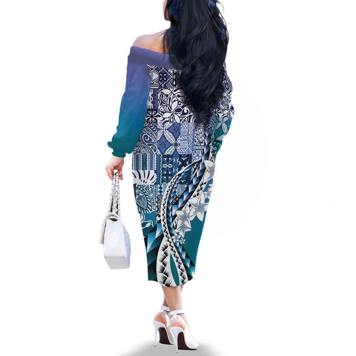 Aloha Vintage Plumeria Hawaiian Tapa Pattern Family Matching Off The Shoulder Long Sleeve Dress and Hawaiian Shirt Blue Hawaiian Tapa Pattern LT9 - Polynesian Pride