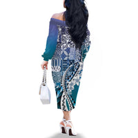 Aloha Vintage Plumeria Hawaiian Tapa Pattern Family Matching Off The Shoulder Long Sleeve Dress and Hawaiian Shirt Blue Hawaiian Tapa Pattern LT9 - Polynesian Pride