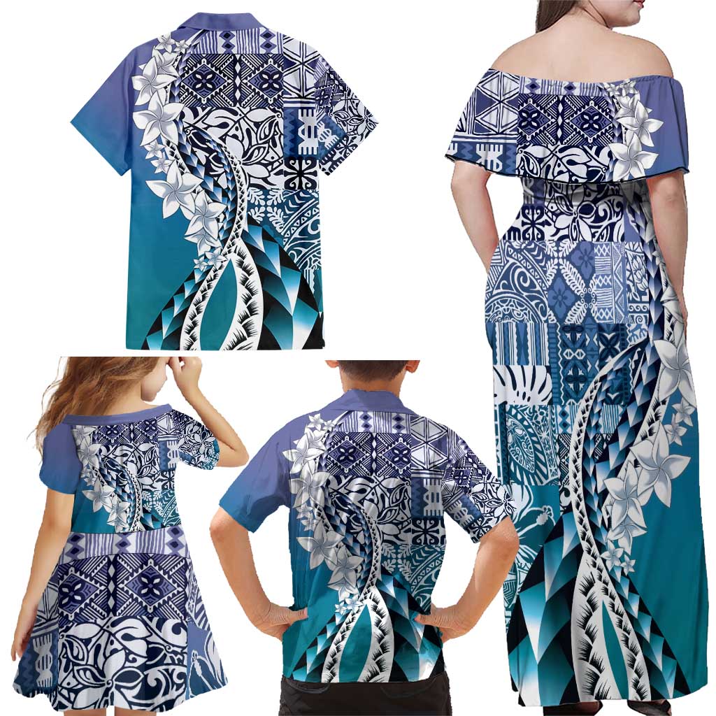 Aloha Vintage Plumeria Hawaiian Tapa Pattern Family Matching Off Shoulder Maxi Dress and Hawaiian Shirt Blue Hawaiian Tapa Pattern LT9 - Polynesian Pride